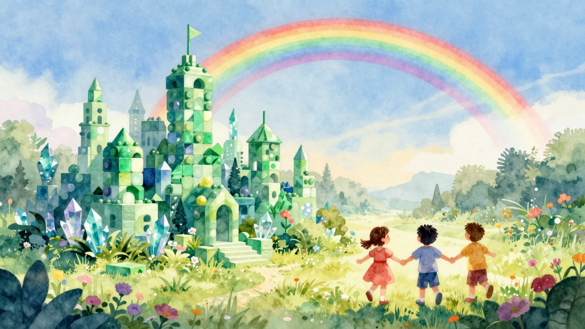 Vibrant watercolor style. A magical emerald city made of toy...
