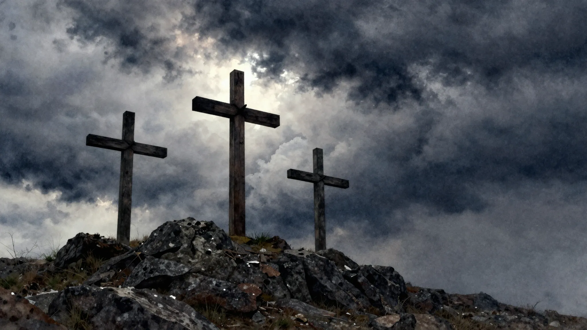Watercolor style. A dark, stormy sky over a rocky hill, thre...