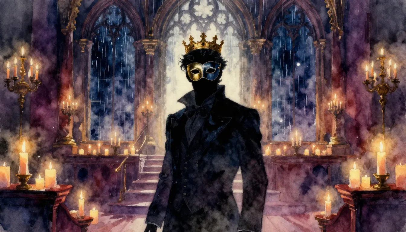 Vibrant watercolor style. Cinematic opera cover, a dark ball...