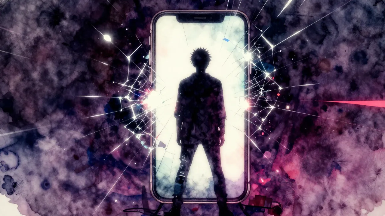 Vibrant watercolor style. Punk rock album cover, a silhouett...