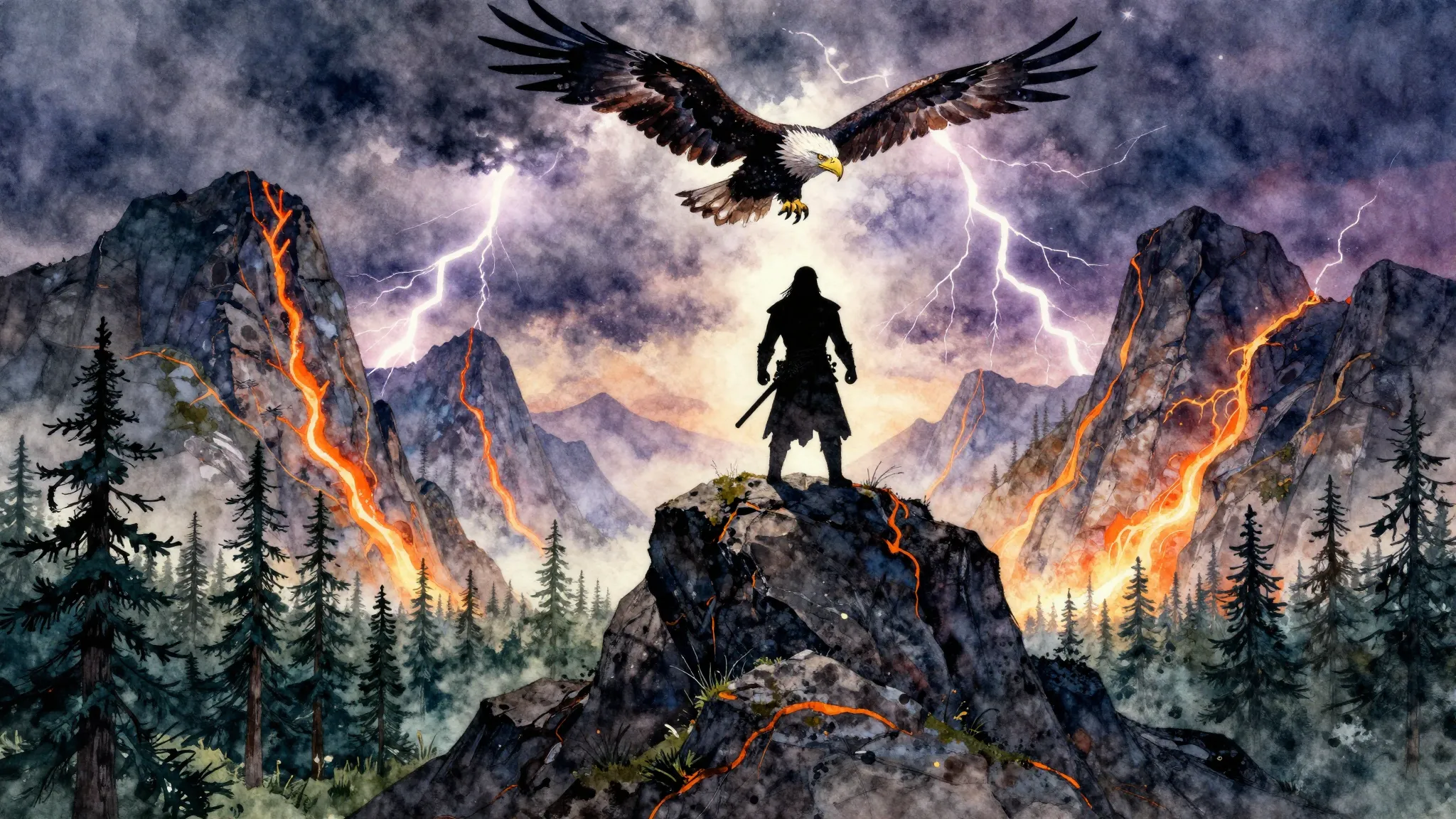 Vibrant watercolor style. Epic rock opera album cover, a dar...