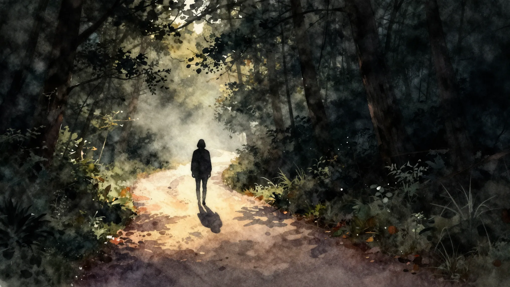 Watercolor style. A split path in a dark forest, one side il...