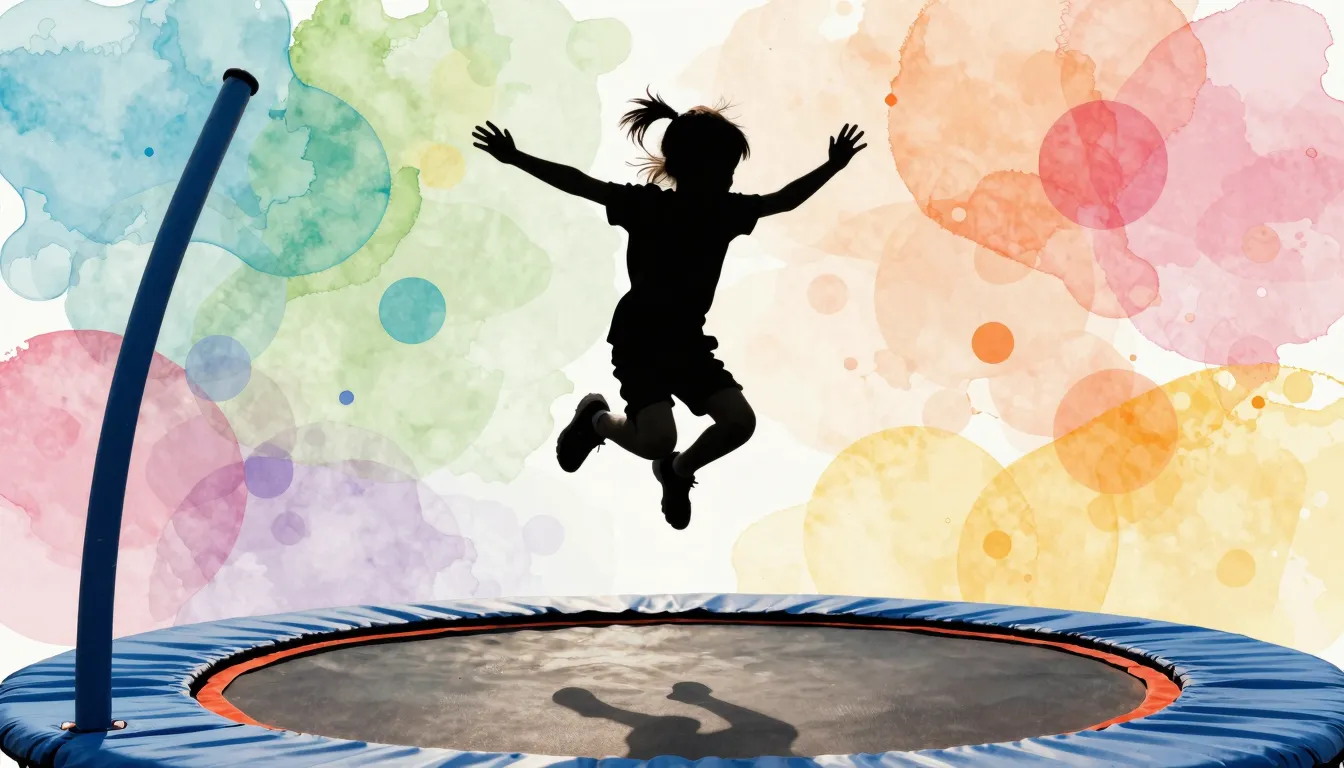 Watercolor style. Silhouette of a child jumping on a trampol...