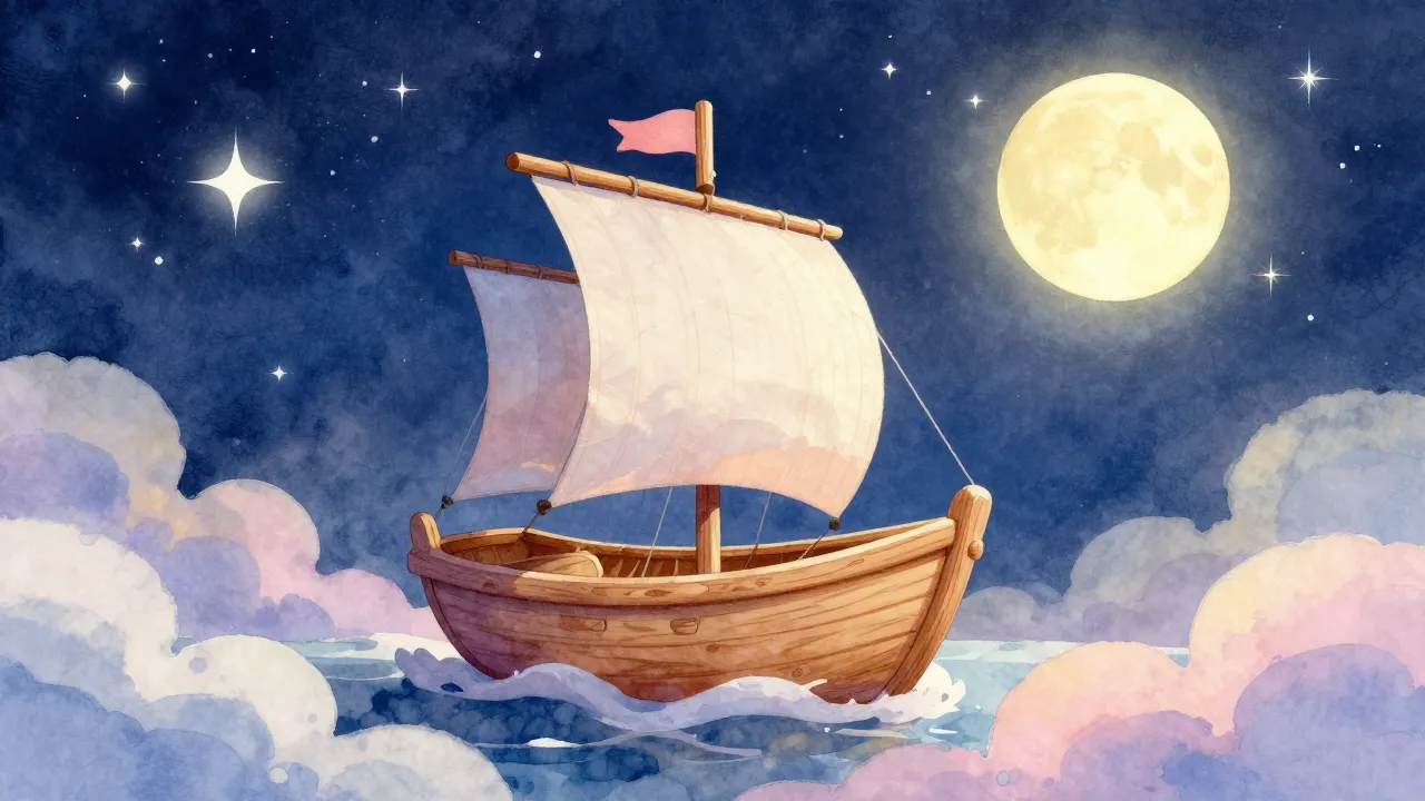 Vibrant watercolor style. A magical wooden toy boat sailing ...