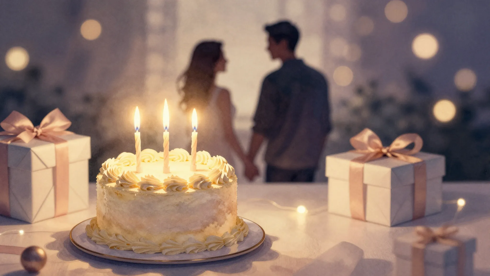 Watercolor style. A beautiful birthday cake with glowing can...