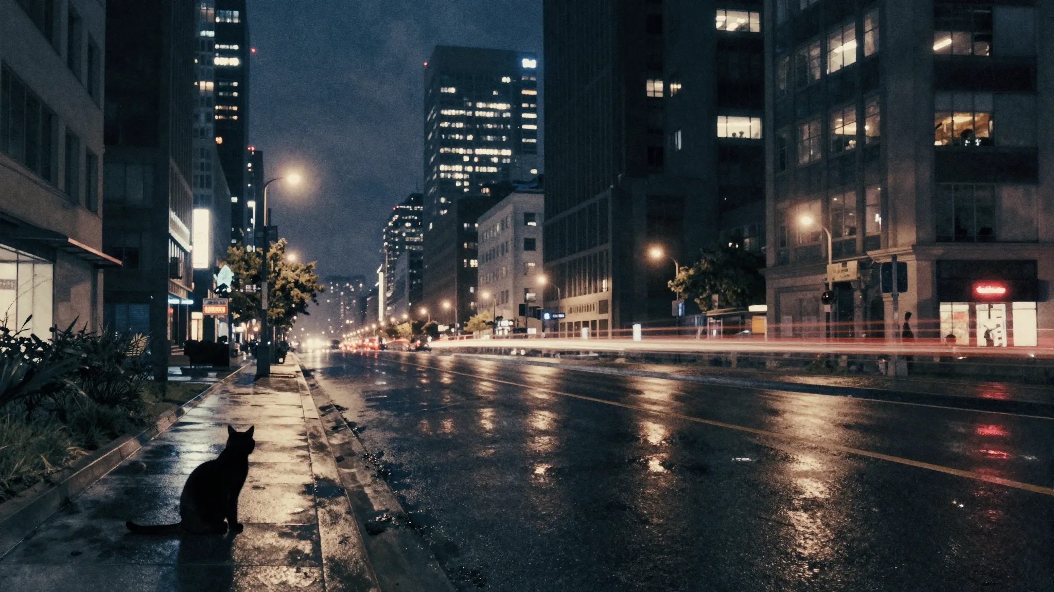 Watercolor style. A dark modern city street at night, neon l...