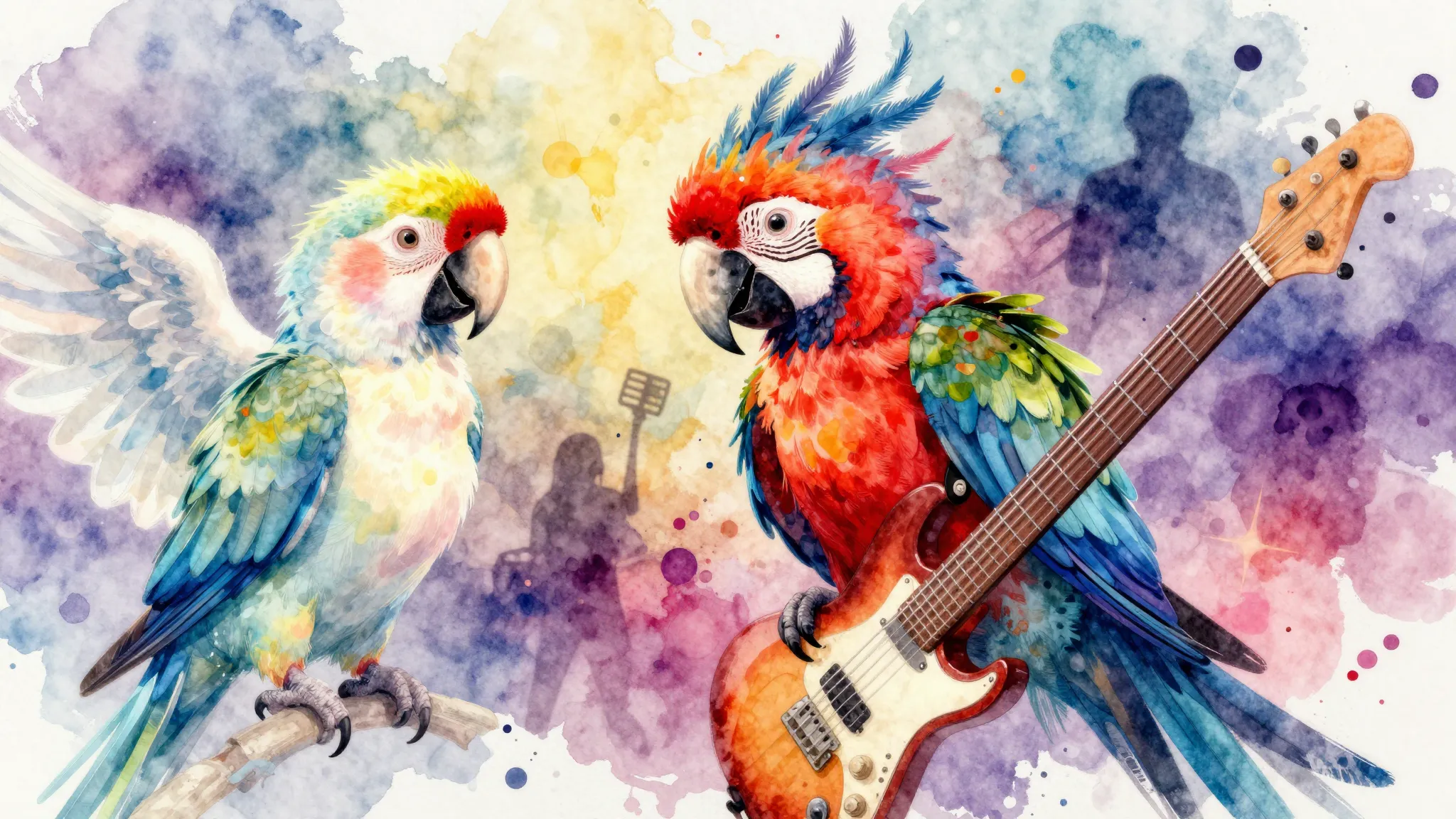 Vibrant watercolor style. Two contrasting parrots, one calm ...