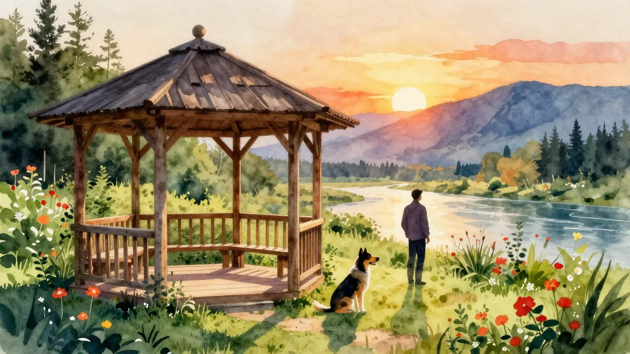 Vibrant watercolor style. A cozy rustic scene featuring a wo...