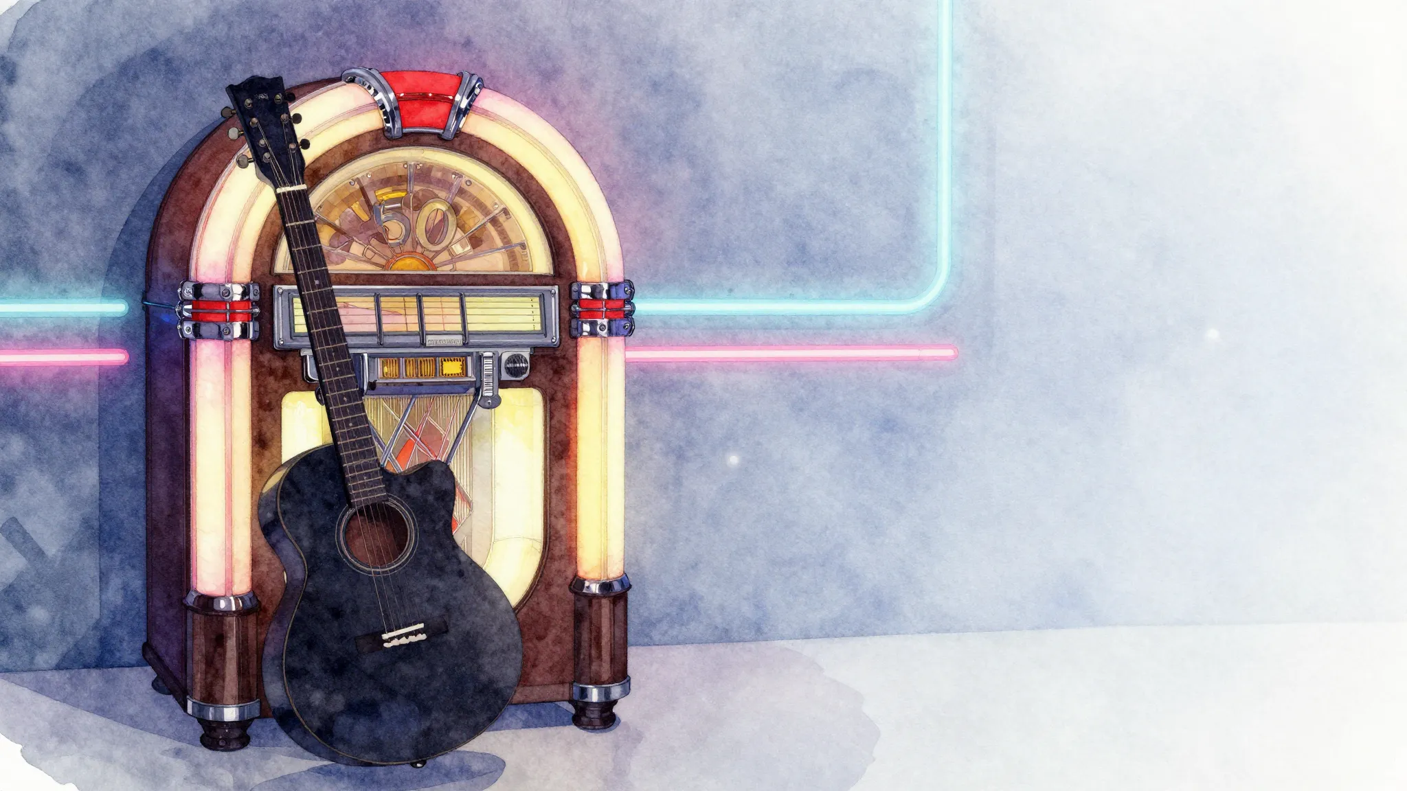 Watercolor style. A silhouette of a guitar leaning against a...