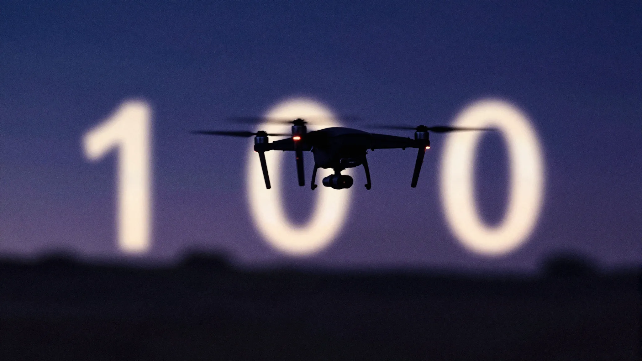 Watercolor style. Silhouette of a drone flying in the night ...