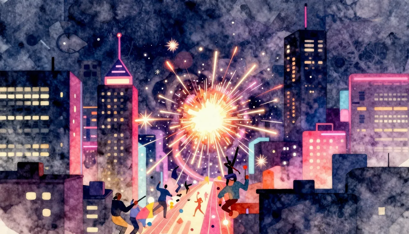 Vibrant watercolor style. A vibrant night cityscape with glo...