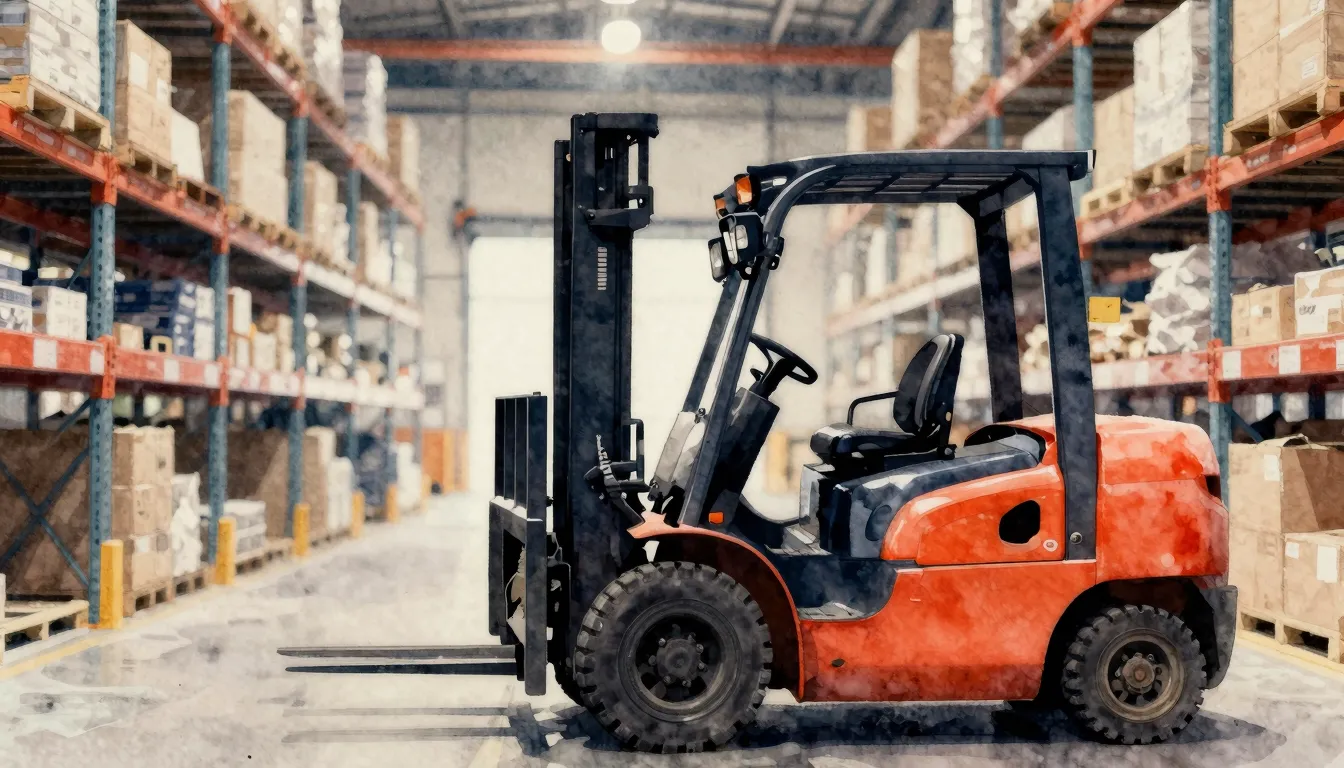 Watercolor style. Silhouette of a forklift in a warehouse wi...