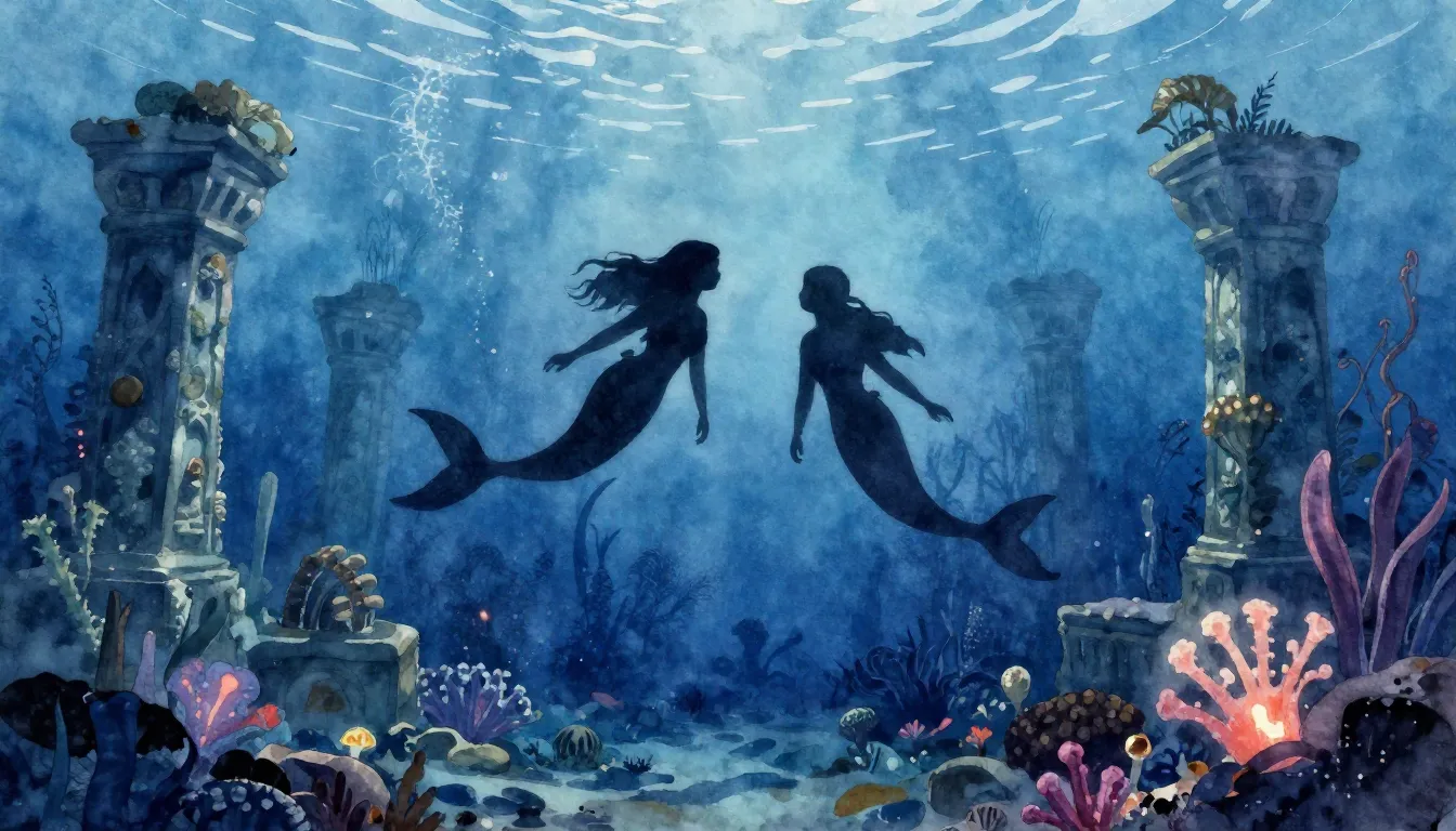 Watercolor style. Underwater kingdom, silhouettes of two mer...
