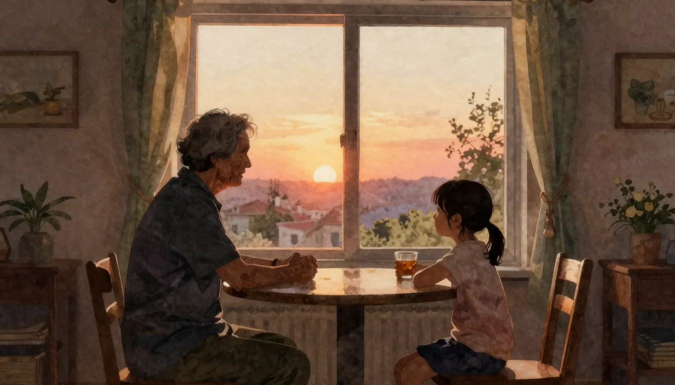 Watercolor style. Silhouette of an older person and small ch...