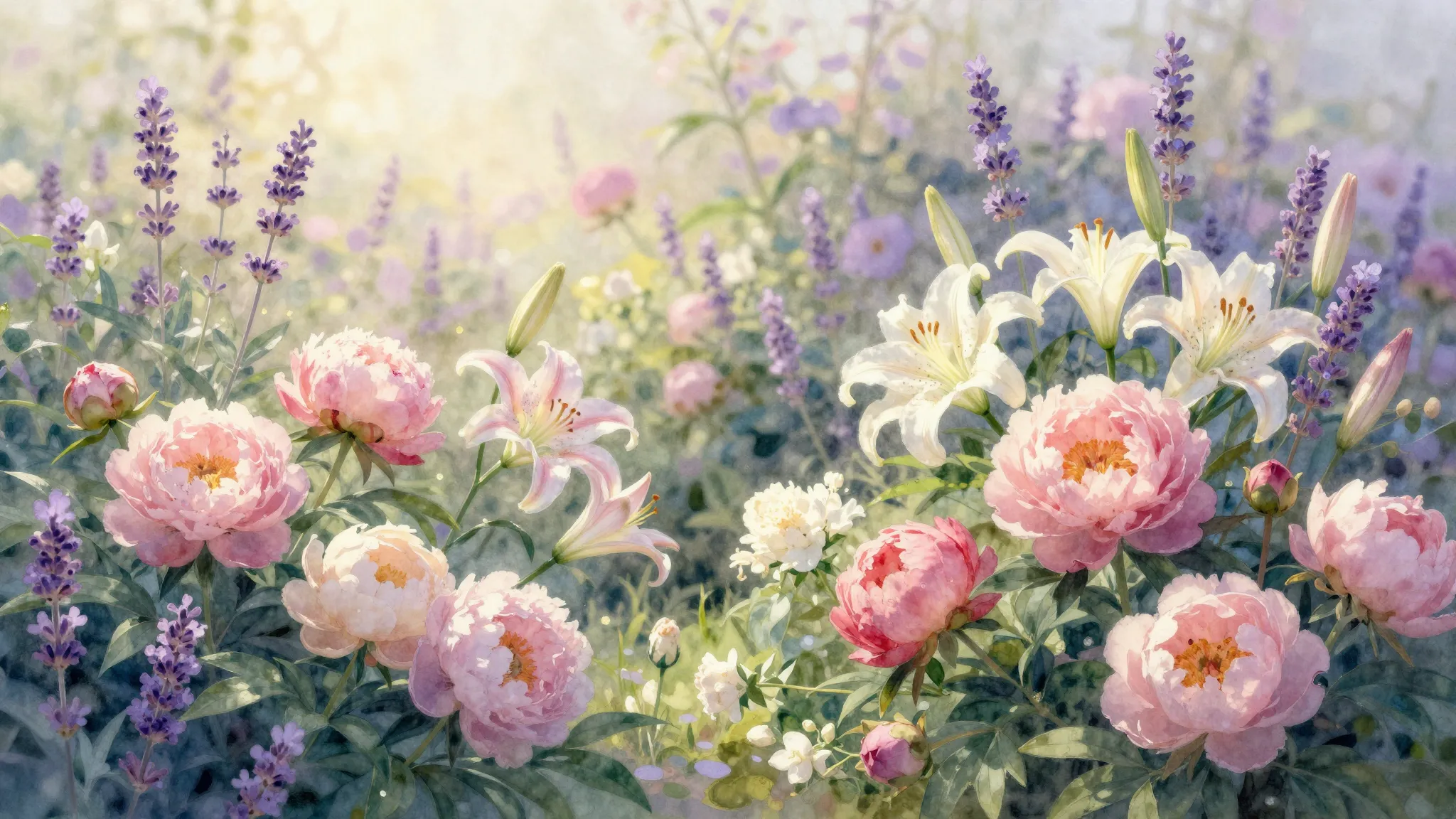 Vibrant watercolor style. A lush, ethereal garden at sunrise...