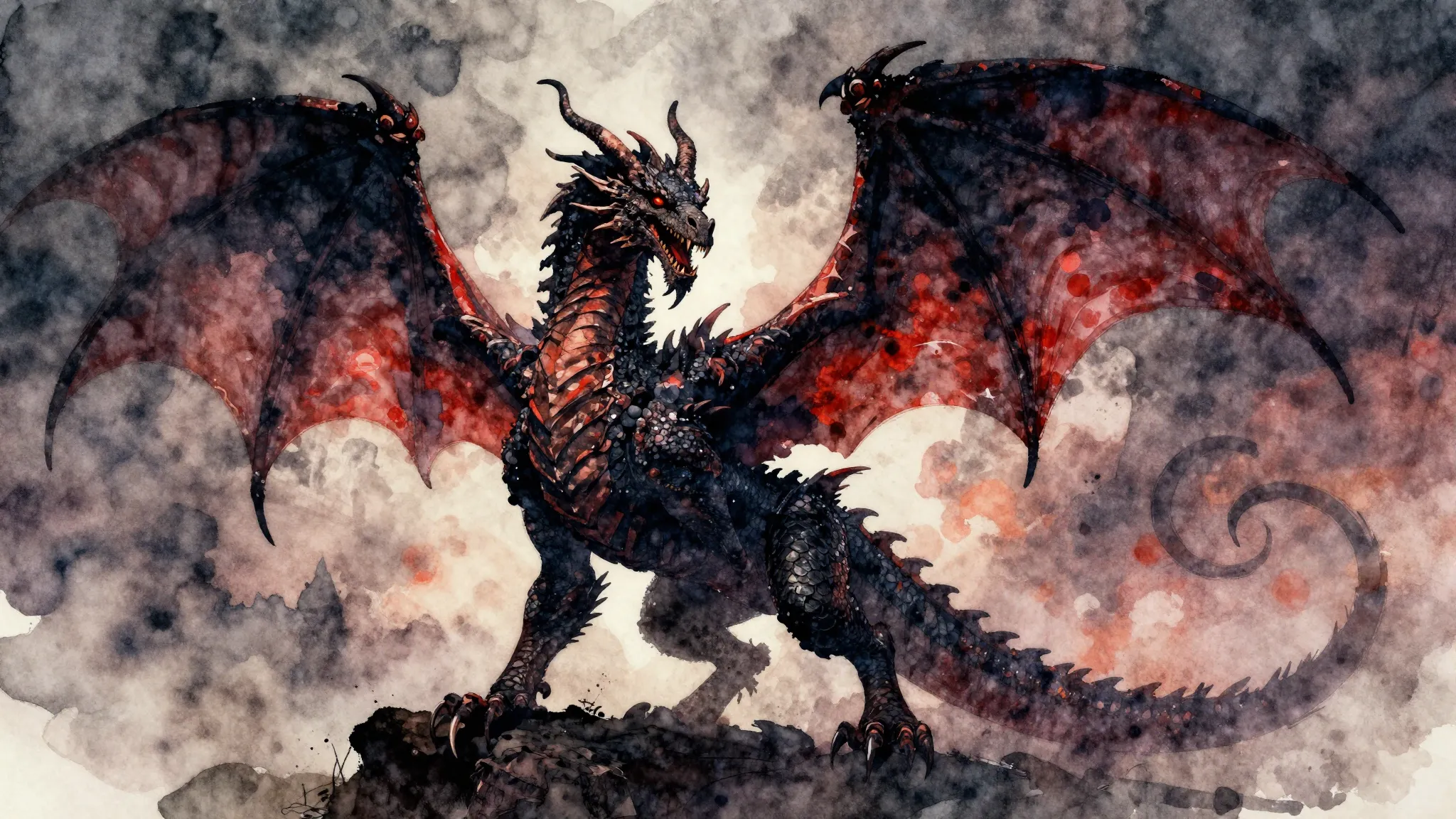 Vibrant watercolor style. Heavy metal album cover, a giant m...