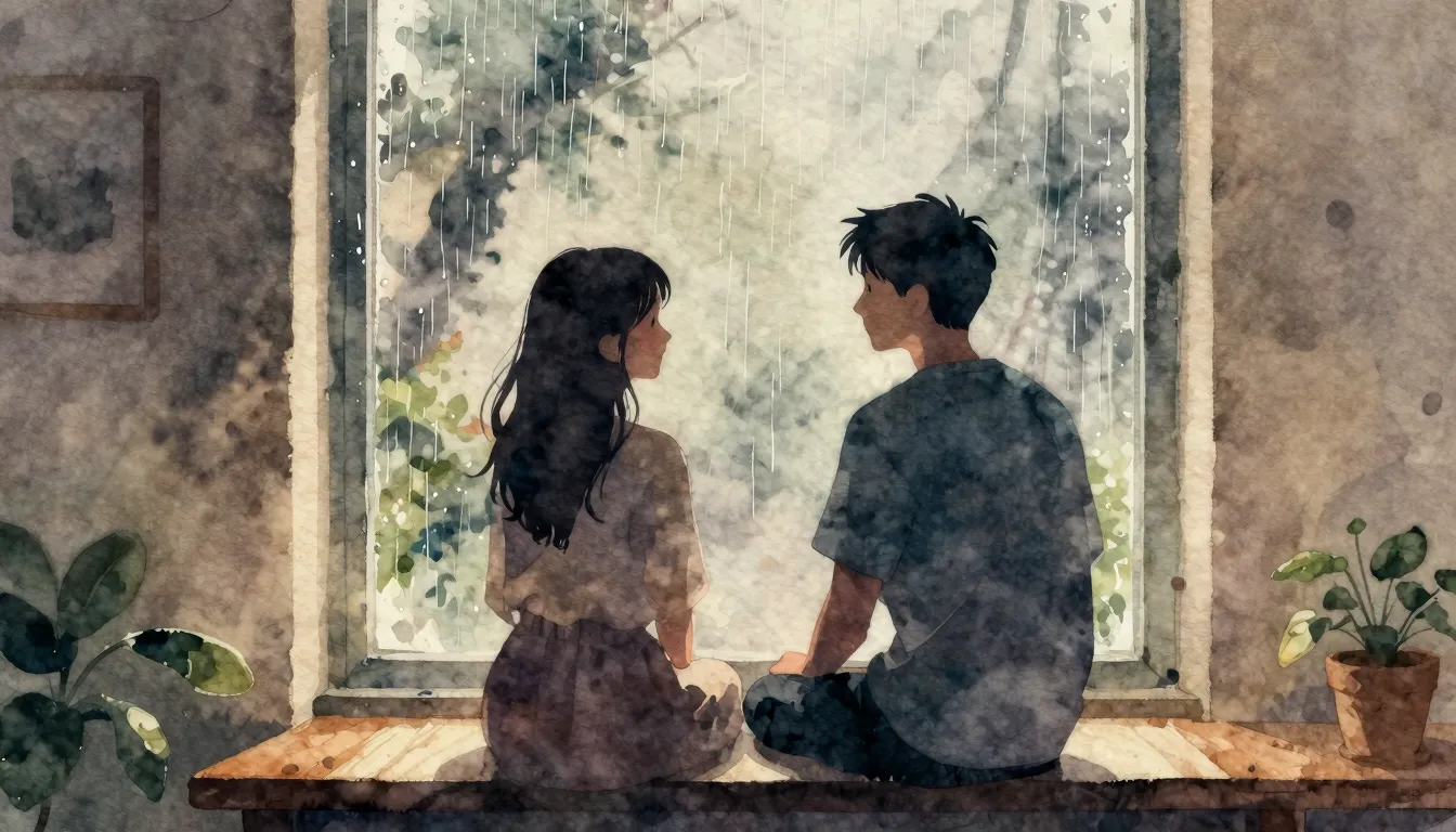 Watercolor style. Silhouette of 2 lovers sitting by a window...