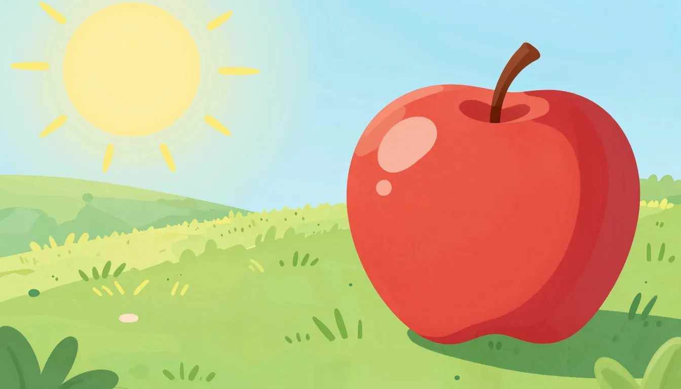 Watercolor style. A bright sunny day with a big red apple on...