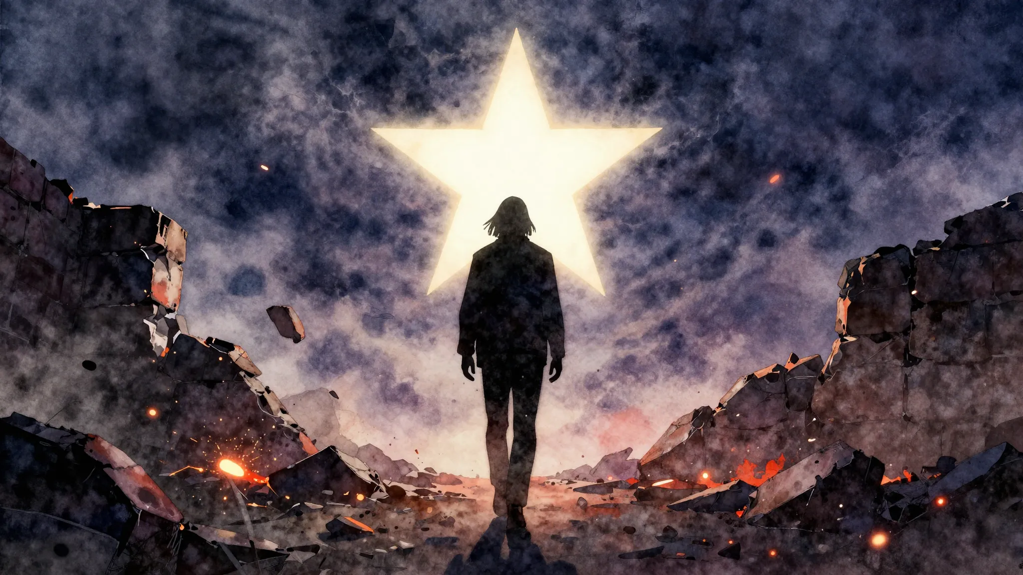 Vibrant watercolor style. Heavy metal album cover, a lone da...
