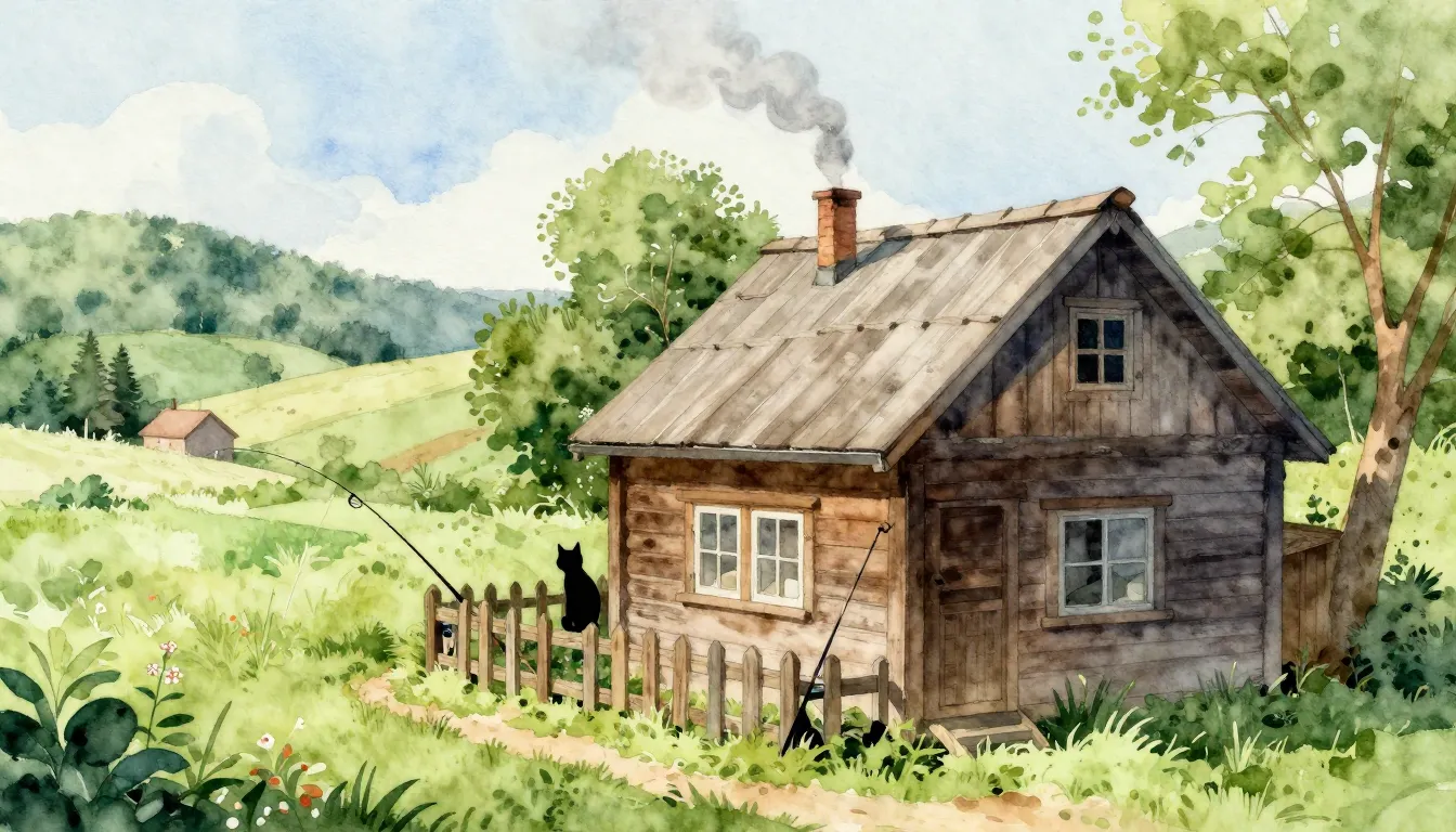 Watercolor style. A rustic wooden house in a green village, ...