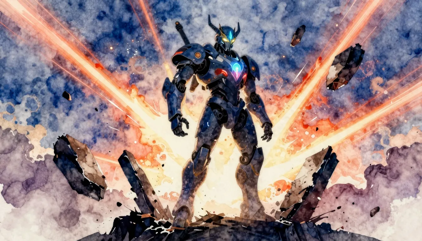 Watercolor style. Epic silhouette of a mechanical warrior st...