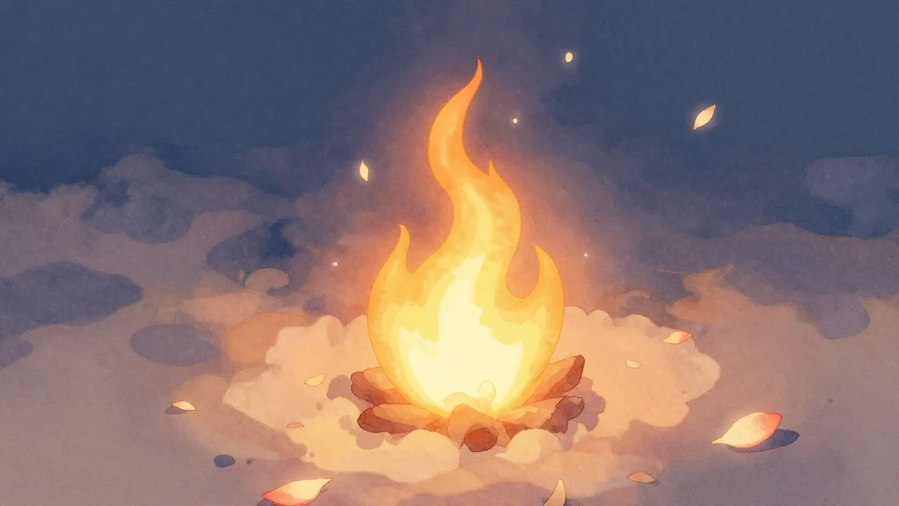 Watercolor style. A gentle but bright flame glowing in the t...