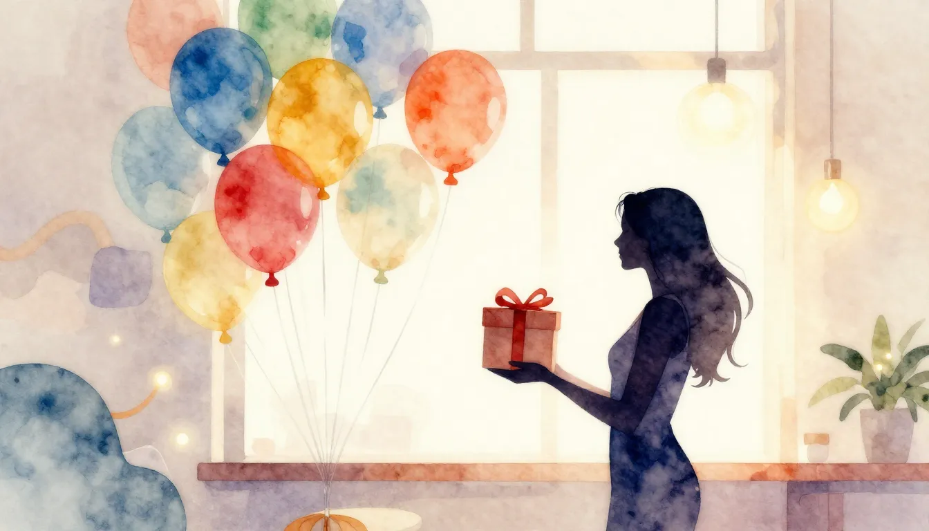 Watercolor style. Bright sunny room with balloons, silhouett...