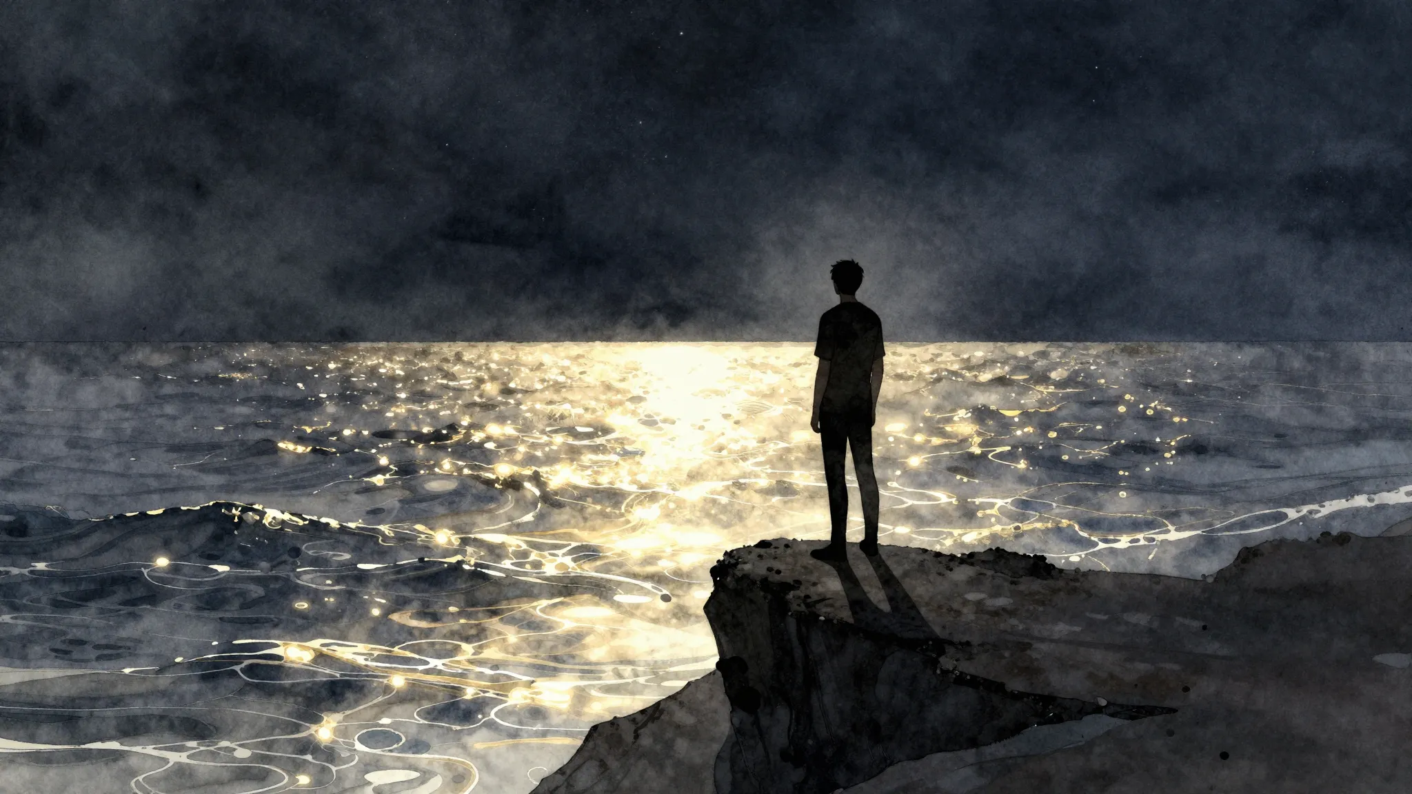 Watercolor style. A silhouette of a person standing on a cli...