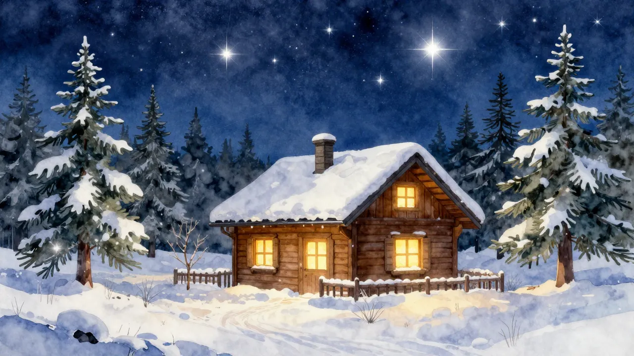 Watercolor style. A cozy winter scene with a snow-covered ca...