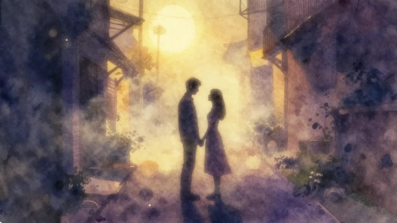 Vibrant watercolor style. A romantic silhouette of a couple ...