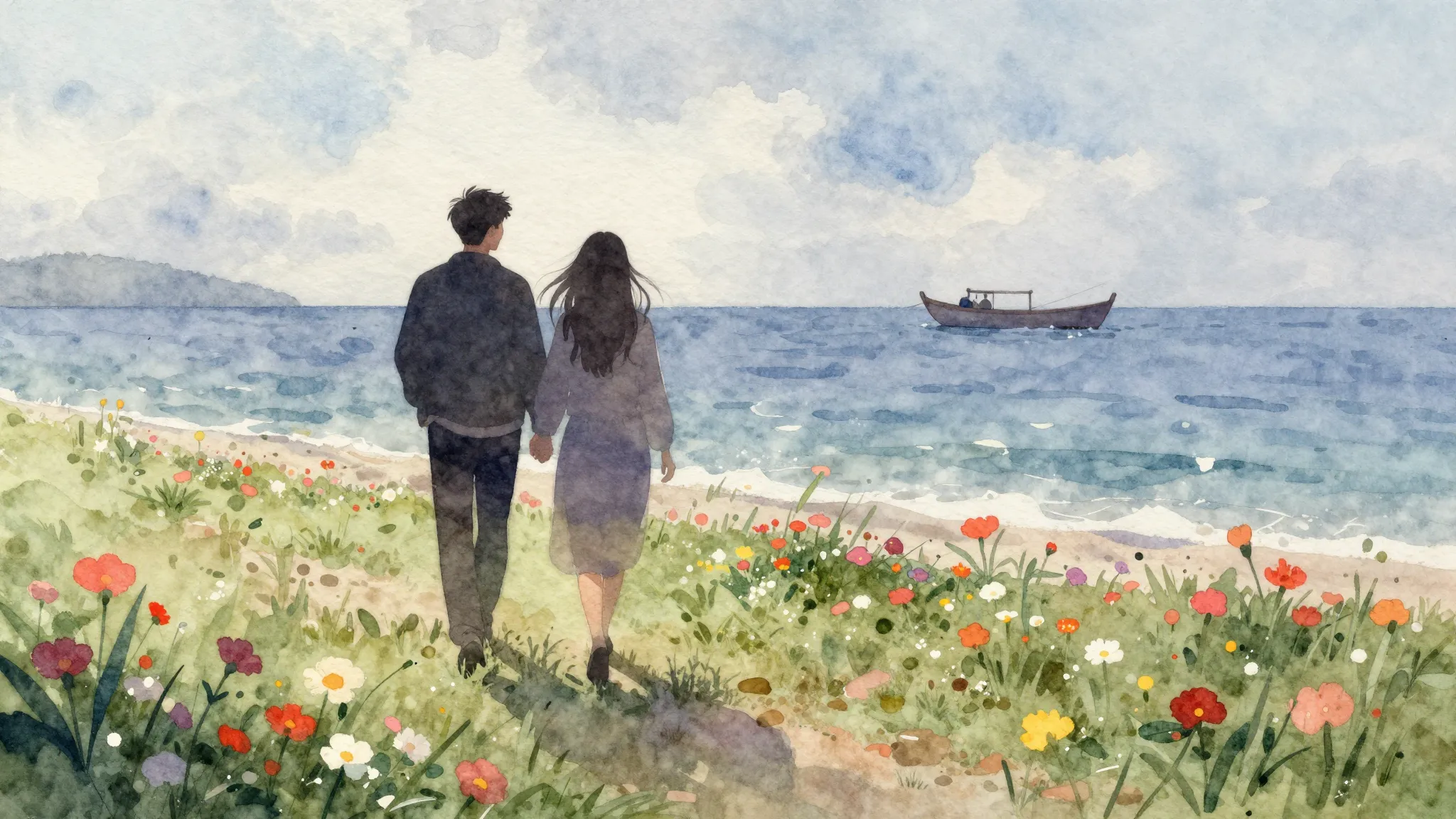 Watercolor style. A silhouette of a couple walking on a bloo...
