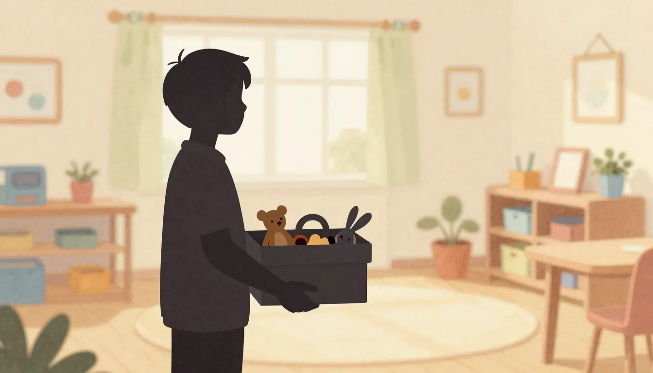 Watercolor style. Silhouette of a person holding a box of to...