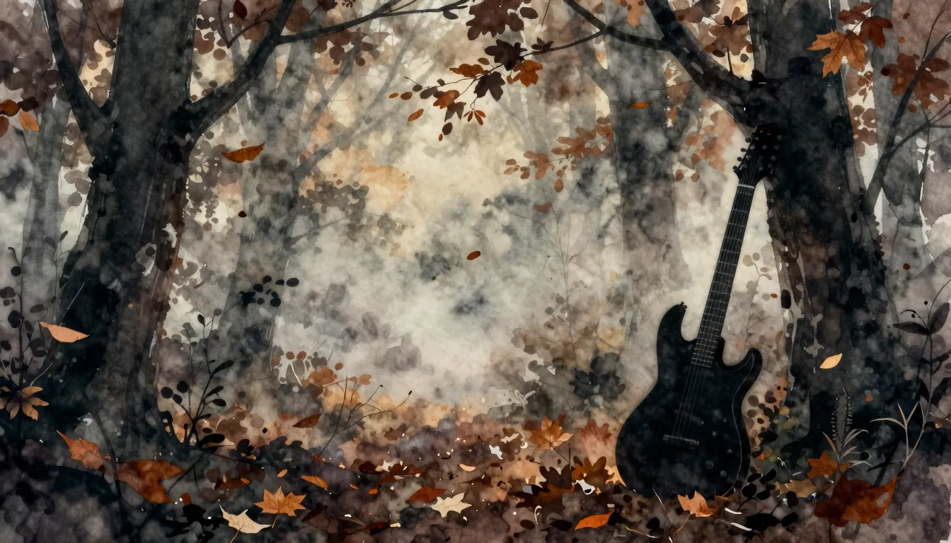 Watercolor style. Dark autumn forest silhouette, falling lea...
