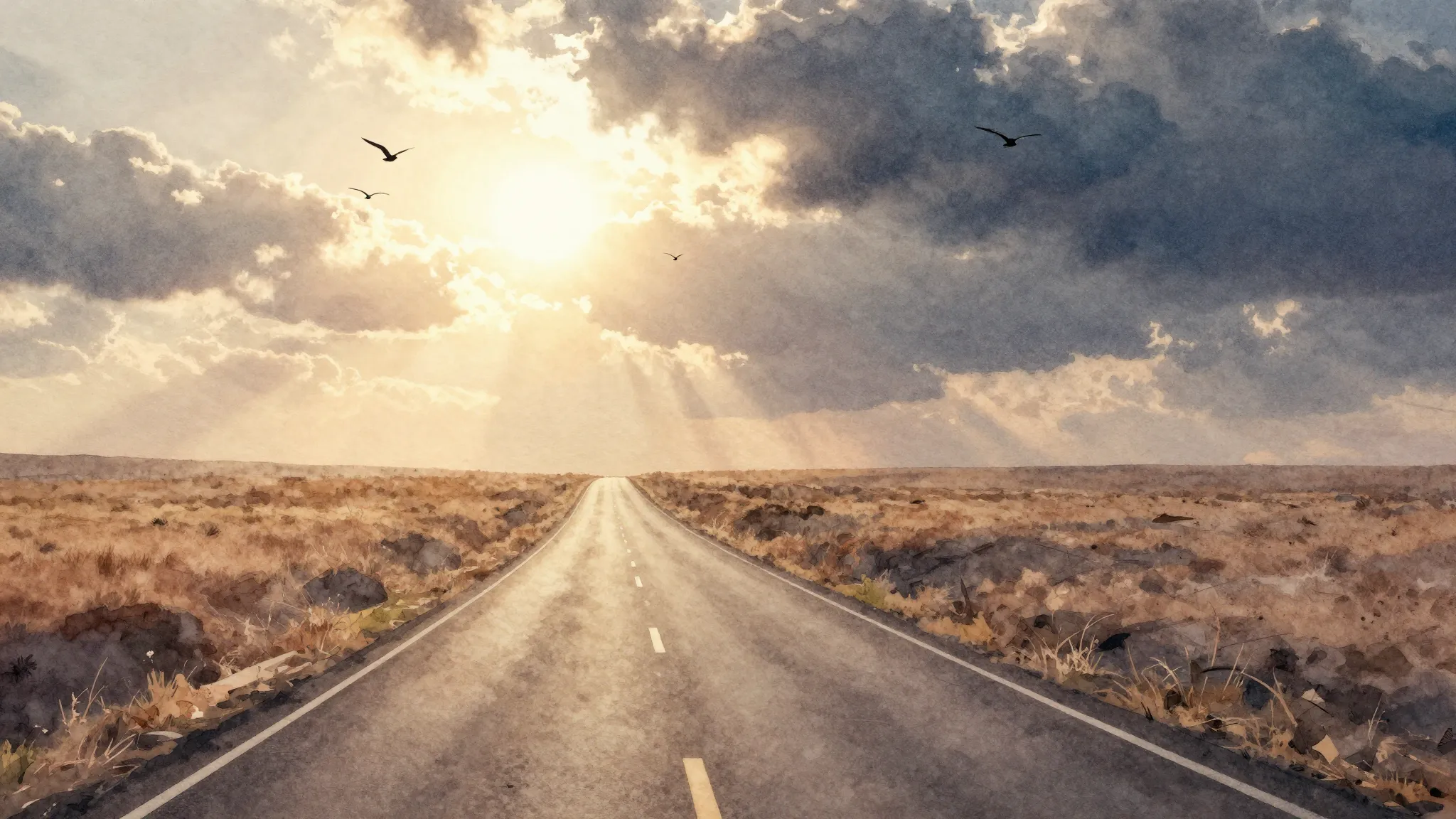 Watercolor style. A wide winding road stretching towards the...