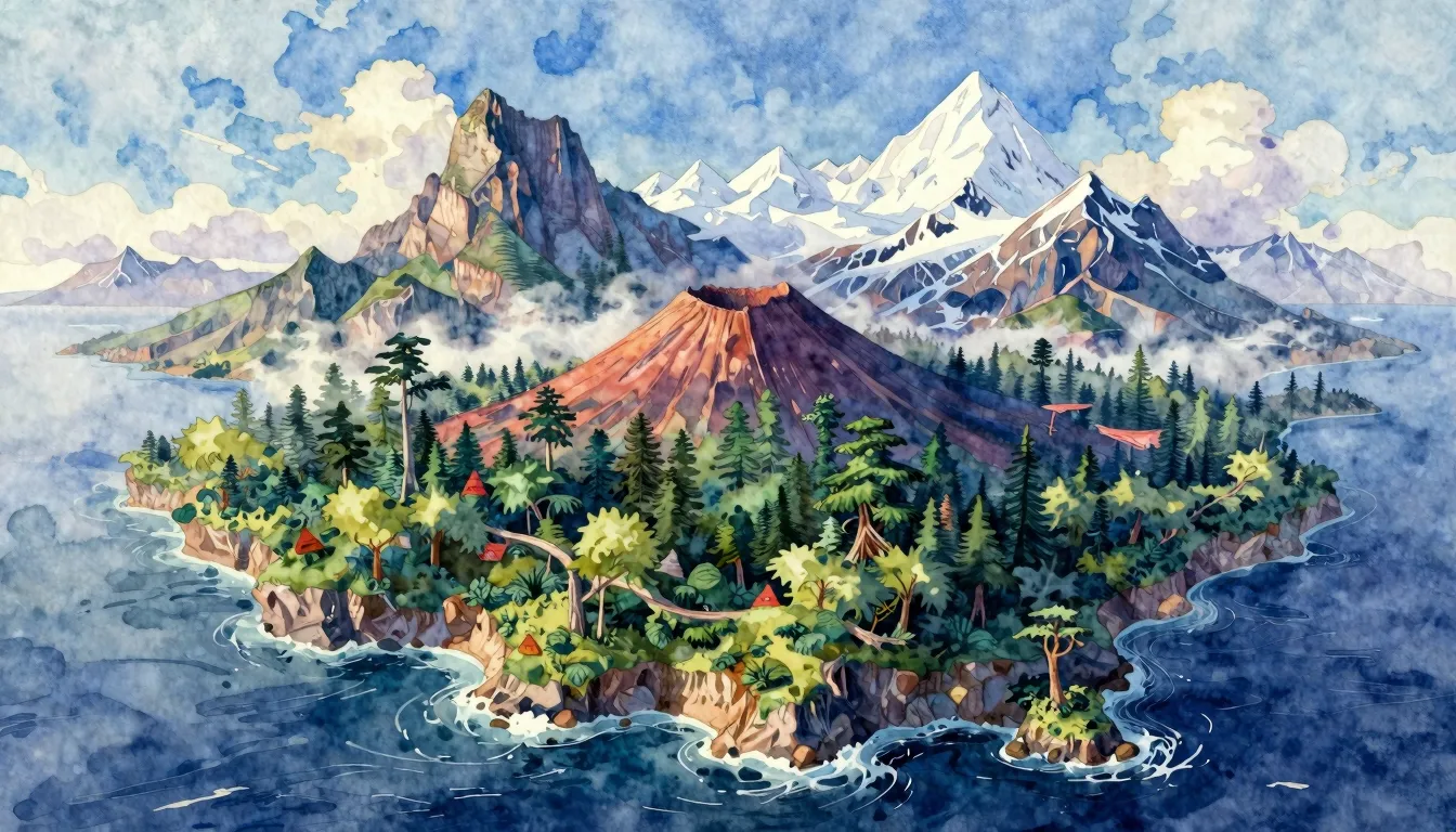 Vibrant watercolor style. A cinematic landscape of a mystica...