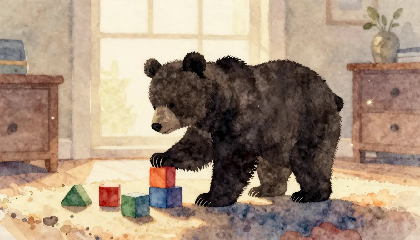 Watercolor style. Silhouette of a cute bear cub playing with...