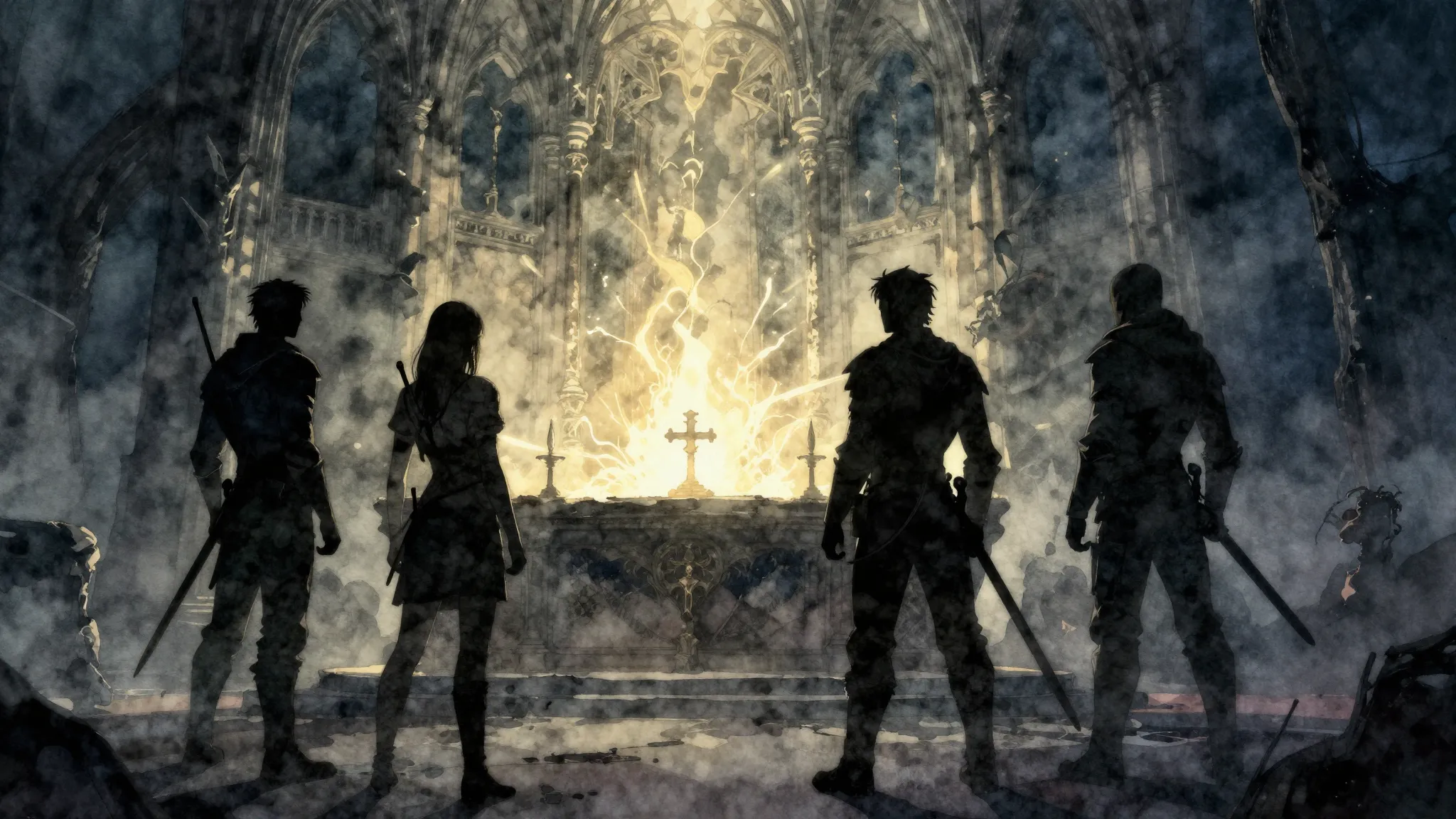 Watercolor style. Dark fantasy silhouette of three adventure...