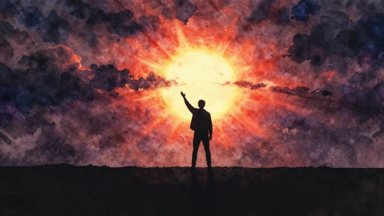 Vibrant watercolor style. A silhouette of a person standing ...