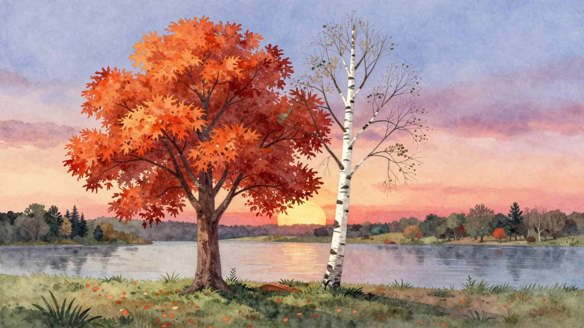 Vibrant watercolor style. A curly maple tree and a slender w...