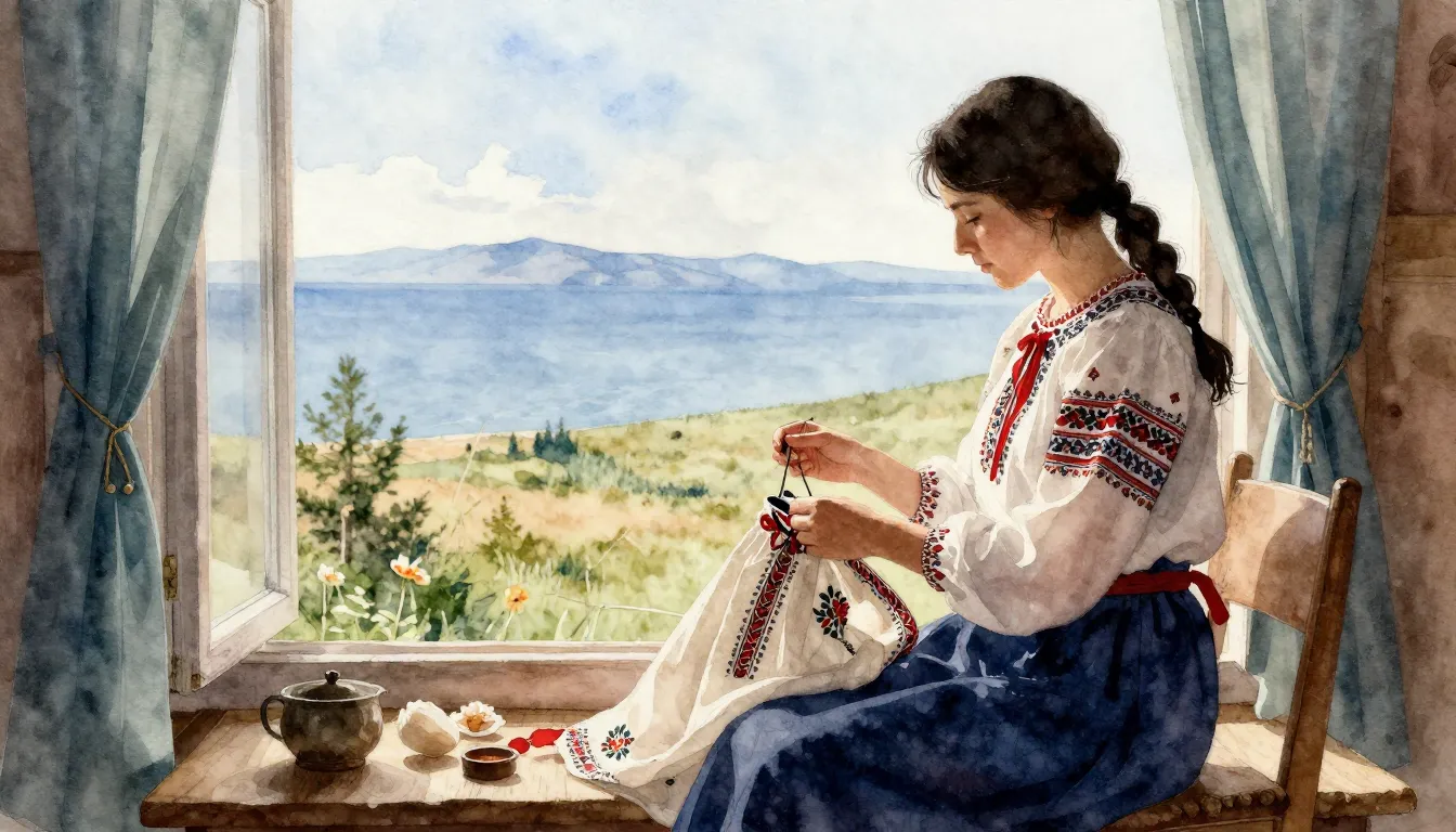 Watercolor style. Silhouette of a woman sewing a folk dress ...