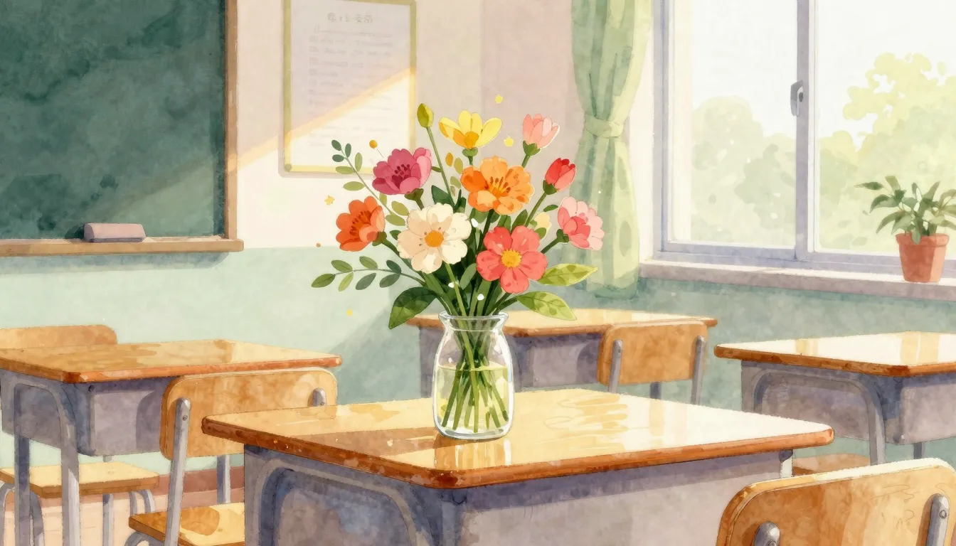 Vibrant watercolor style. A cozy classroom scene with a bouq...
