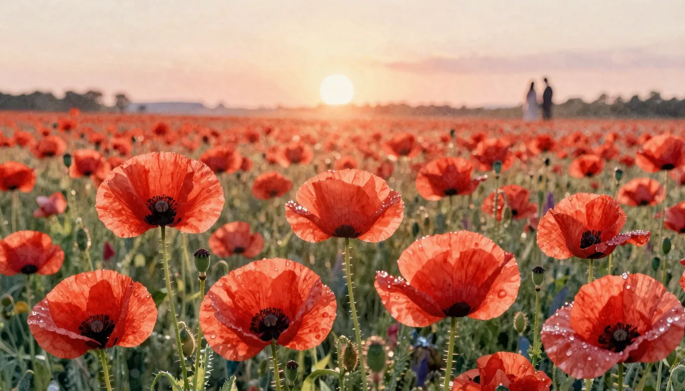 Watercolor style. A vast field of bright red poppy flowers u...