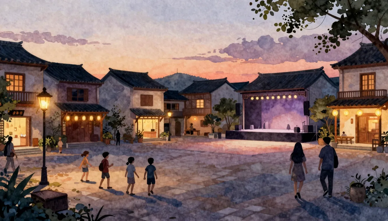 Watercolor style. A beautiful village square at sunset, glow...
