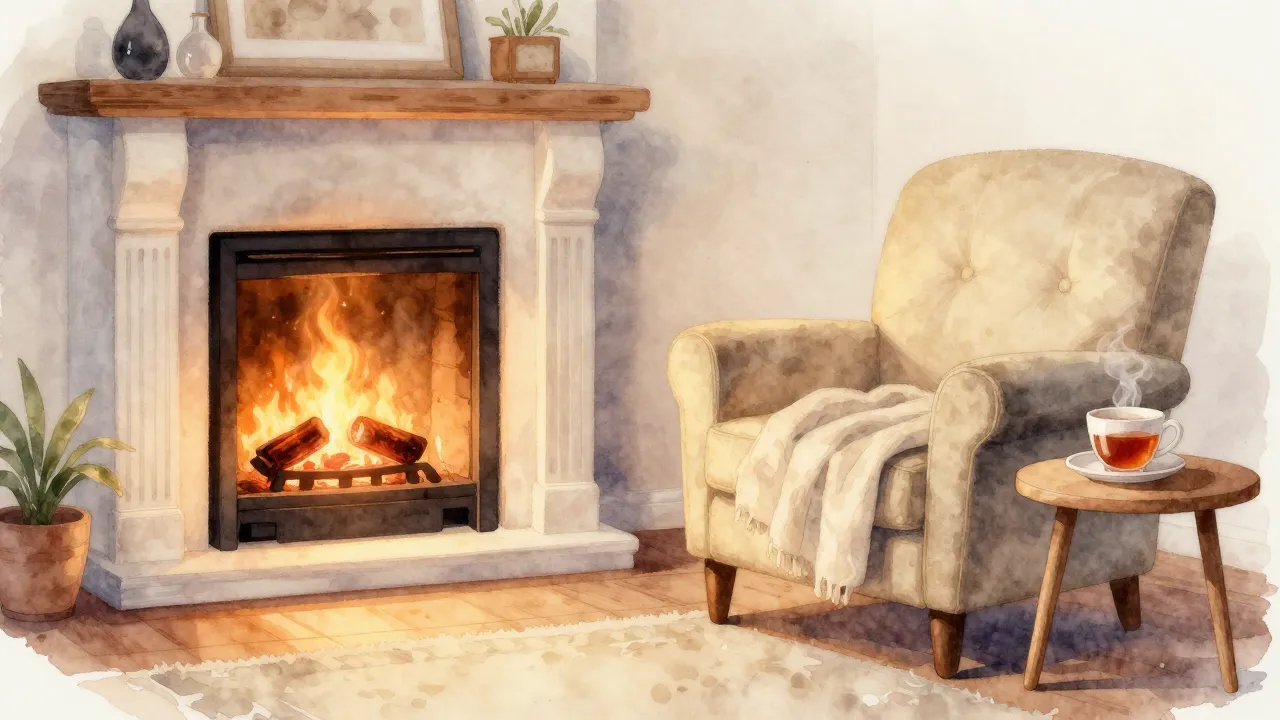 Watercolor style. A cozy living room with a warm fireplace, ...
