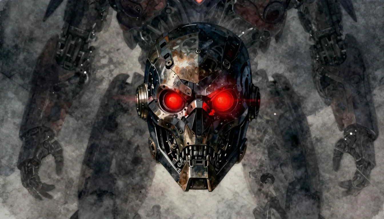 Watercolor style. Dark biomechanical mask floating in shadow...