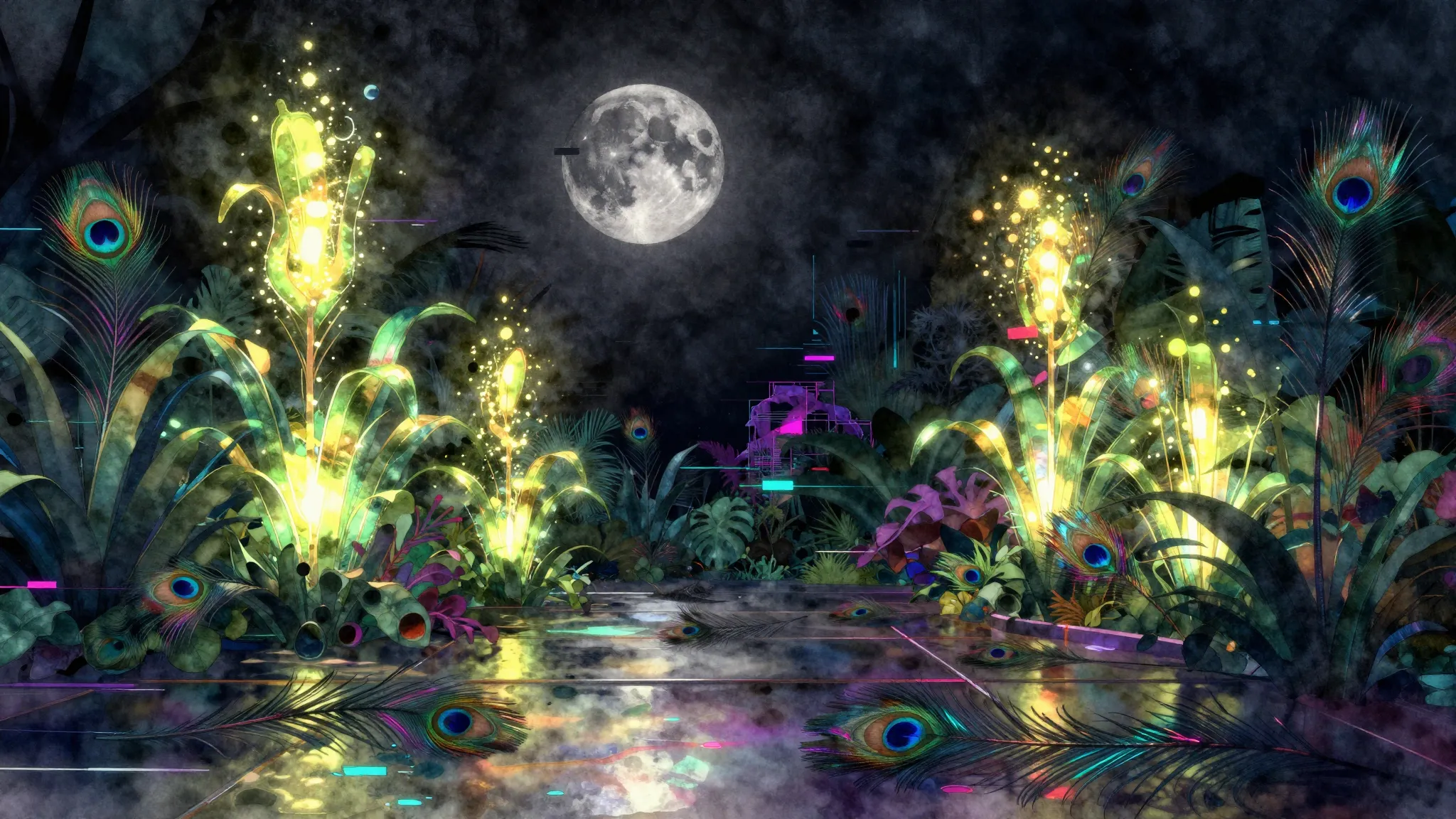 Vibrant watercolor style. Cyberpunk aesthetic, a dark garden...