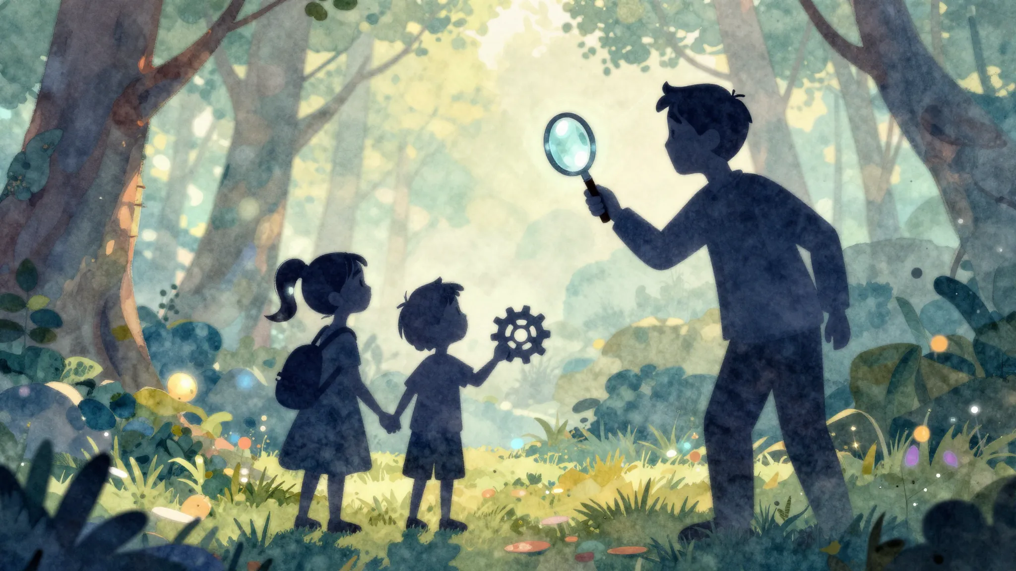 Watercolor style. Silhouette of a family of four exploring n...