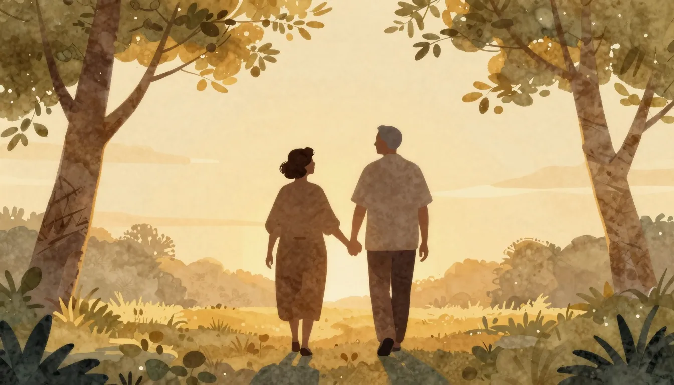 Watercolor style. Silhouette of an old couple holding hands ...