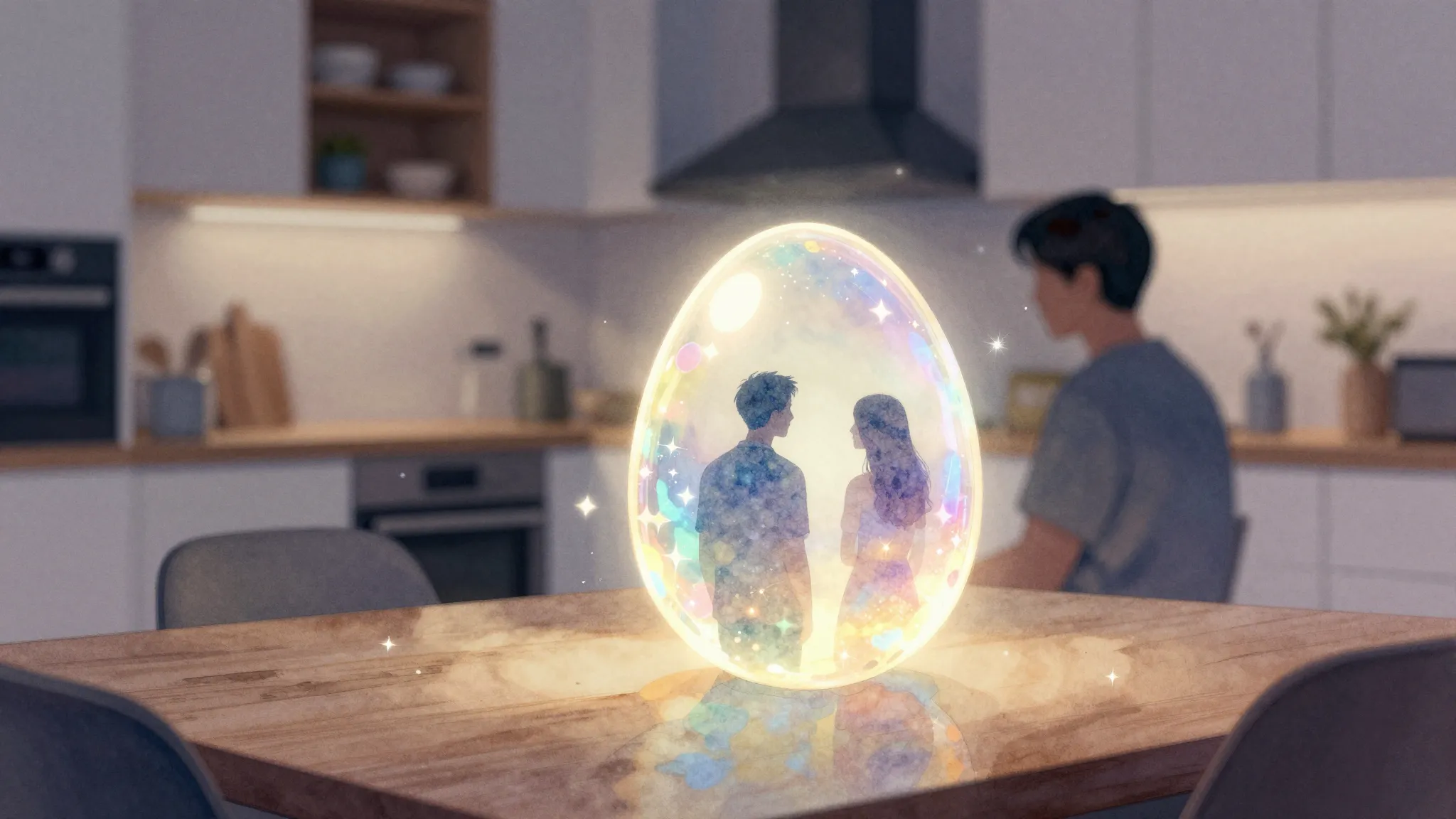 Watercolor style. Glowing holographic egg on a table, emitti...