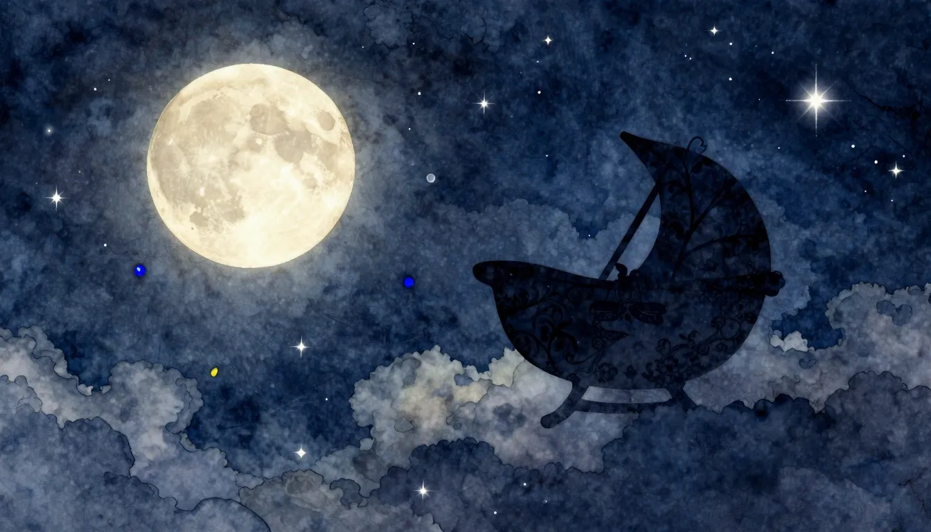 Watercolor style. Night sky with a glowing full moon, scatte...